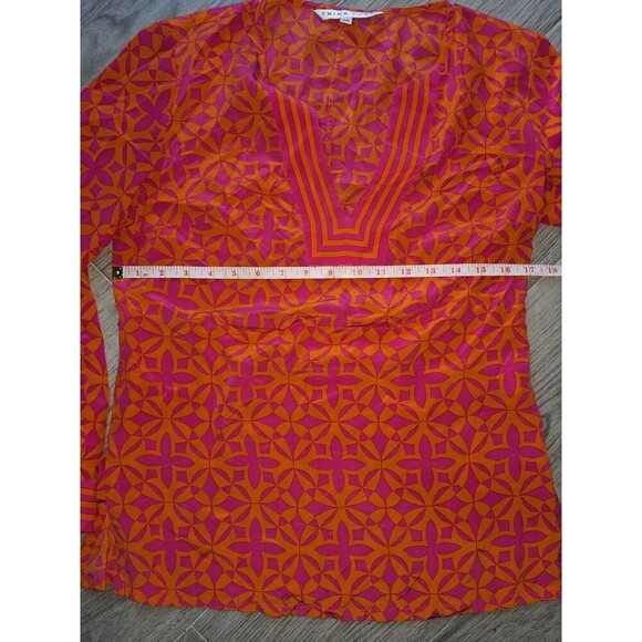 Trina Turk Silk M Tropical Split Neck Blouse Shirt Long Sleeve Pink Orange N37 - Picture 7 of 7